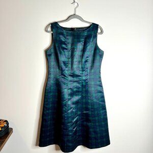 Brooks Brothers Satin Blue Green Tartan Plaid A-Line Fit + Flare Dress Festive